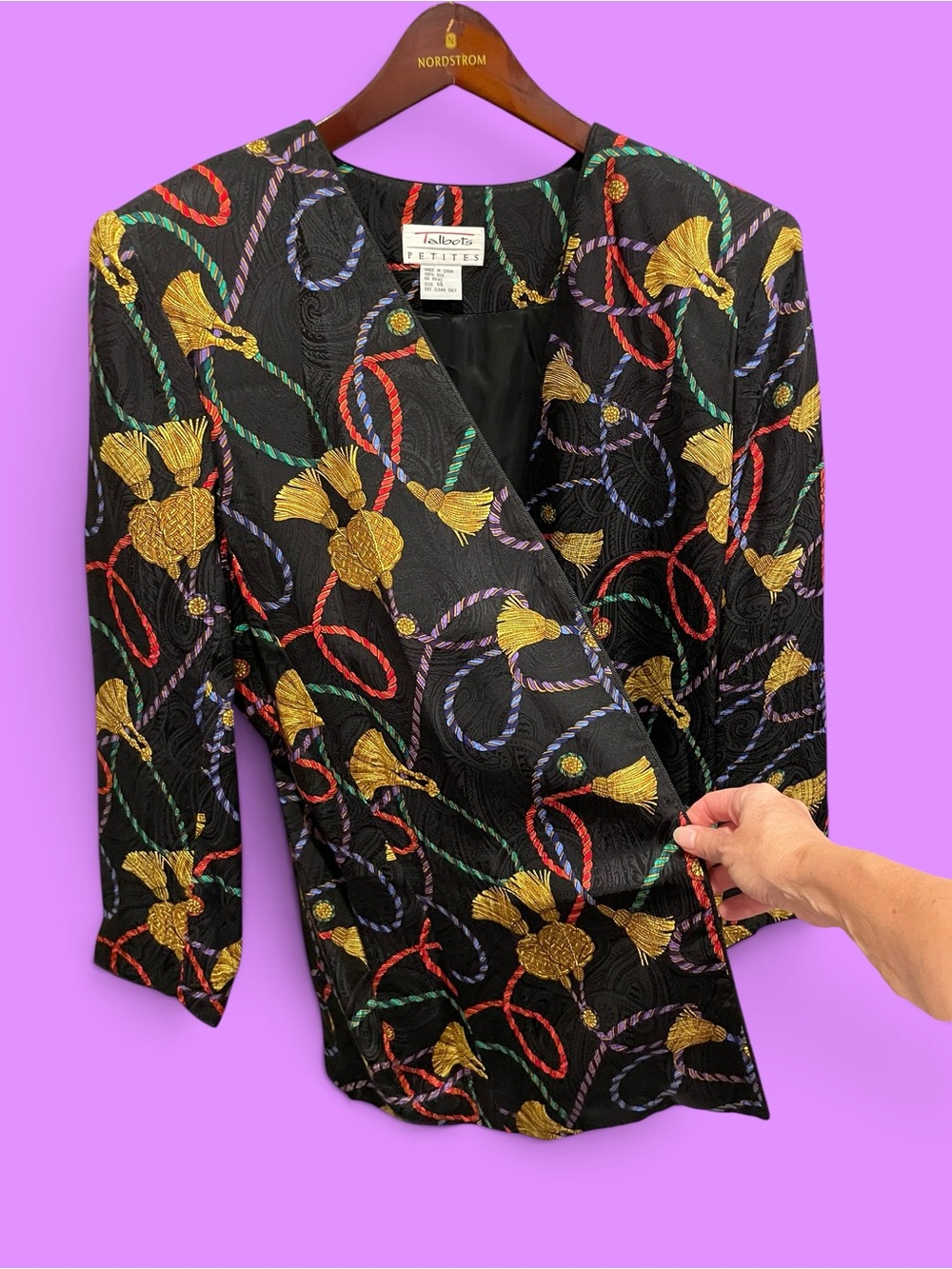 Vintage 90s silk brocade ribbon trim old money open front blazer Talbots